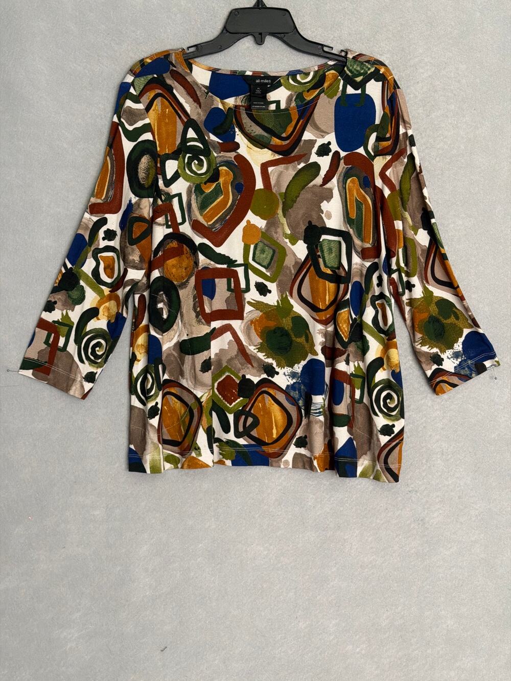 Ali Miles Abstact Print Top Boat Neck 3/4 Sleeve Women's Petite Large NEW